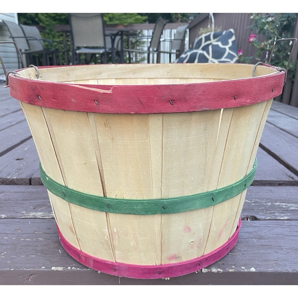 VTG Little Rock Wood 1/2 Bushel Apple Basket Red Slat Wire Handles Farmhouse 13"